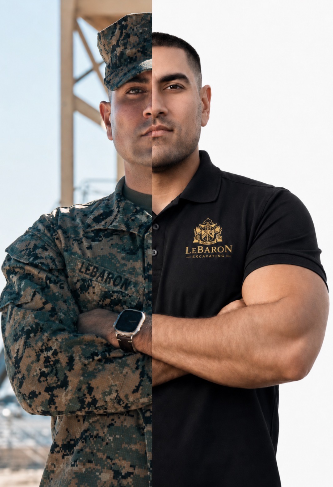 LeBaron Excavating owner in military service uniform and company polo shirt