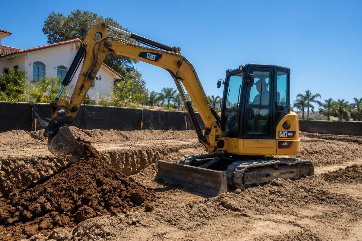 Bobcat MT120 mini track loader excavating soil in a tight-access San Diego side yard