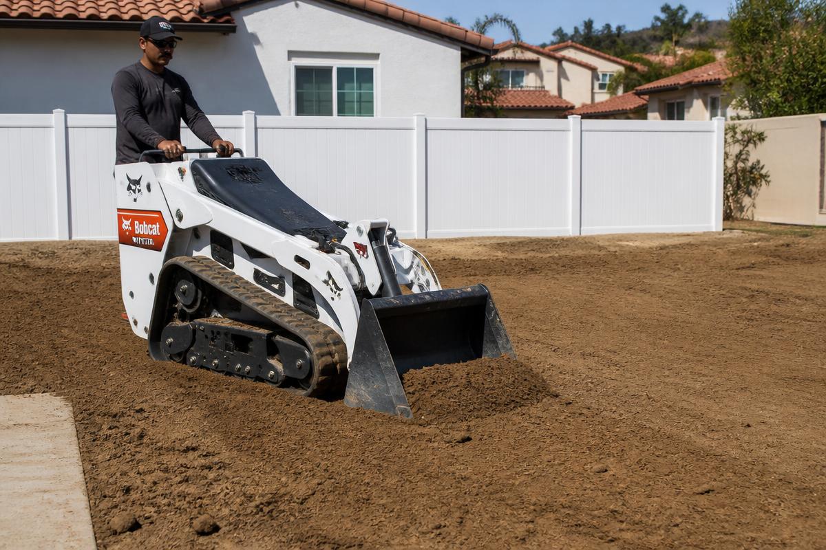 Bobcat MT120 smoothing and leveling soil into a finished graded surface