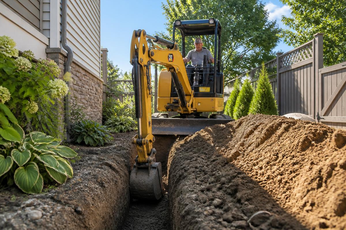 Bobcat MT120 with trencher attachment cutting a utility trench across a yard